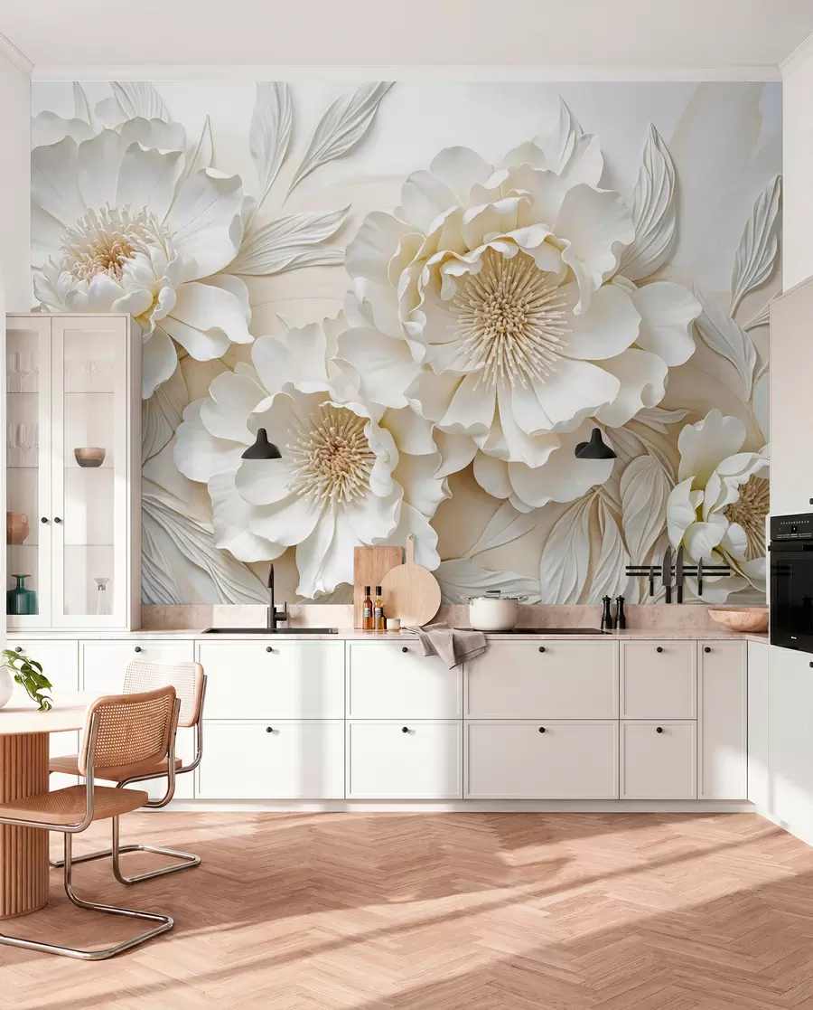 fototapeter Elegant voluminøs imitation af hvide pæonblomster med bløde kronblade og pastelgule centre, mod en lys baggrund w08431