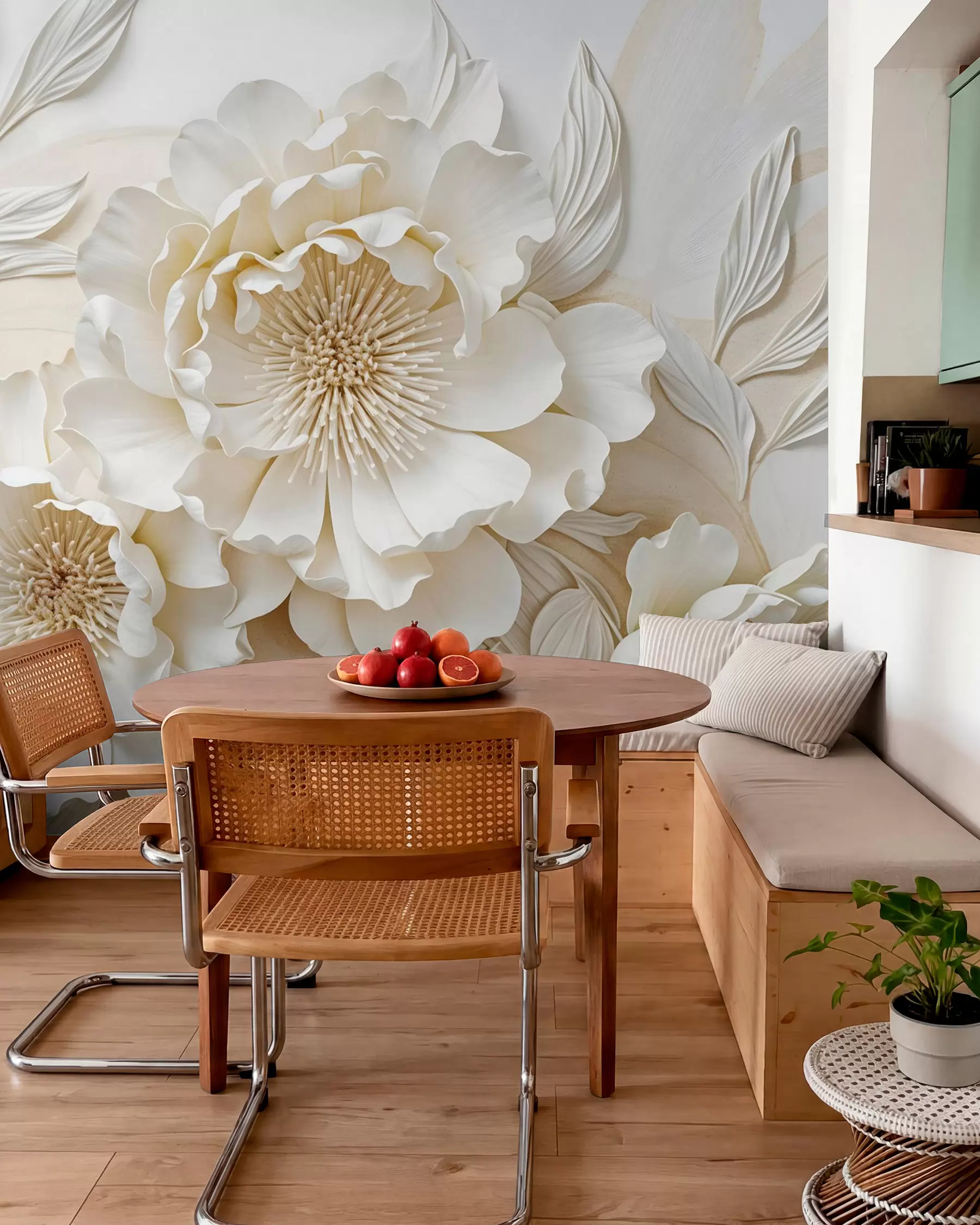 fototapeter Elegant voluminøs imitation af hvide pæonblomster med bløde kronblade og pastelgule centre, mod en lys baggrund w08431