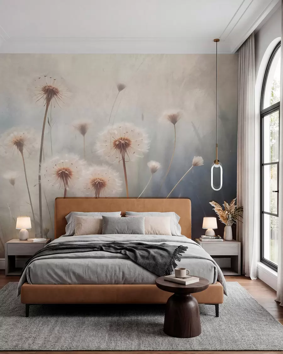 Murale Fleurs de pissenlit dans un champ, avec un arrière-plan texturé flou de couleur pastel w08432
