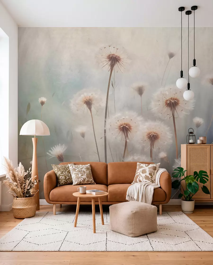 fototapeter Mælkebøtteblomster i blødt fokus på en mark med en sløret pastelfarvet tekstureret baggrund w08432