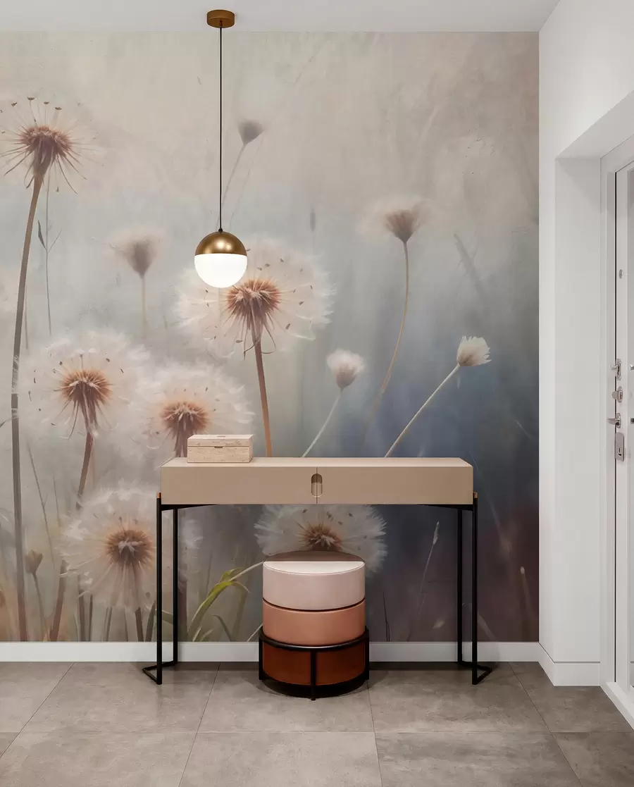 fototapeter Mælkebøtteblomster i blødt fokus på en mark med en sløret pastelfarvet tekstureret baggrund w08432
