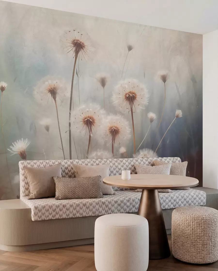 fototapeter Mælkebøtteblomster i blødt fokus på en mark med en sløret pastelfarvet tekstureret baggrund w08432