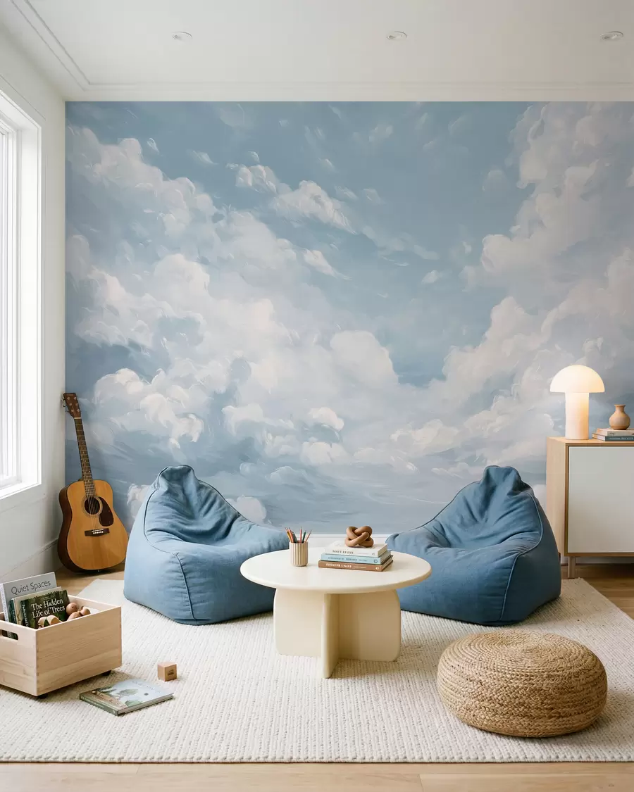 Murale Ciel bleu avec des coups de pinceau simulés à l'huile w02313