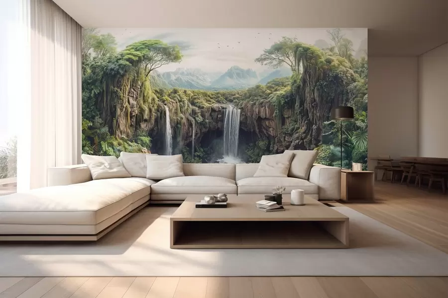 Fototapete großes Panorama der Schlucht mit Bäumen und einem Wasserfall w02294