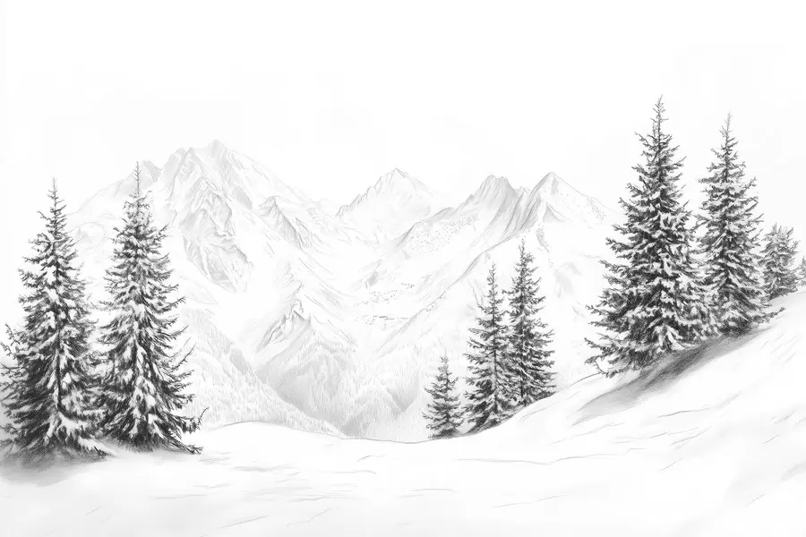 Murale Montagnes enneigées, dessin au crayon, minimalisme, forêt, nature w02351