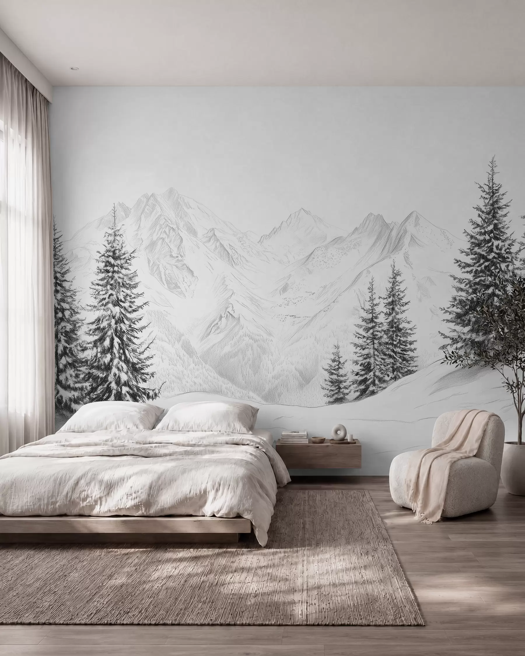 fototapeter Sneklædte bjerge, blyantstegning, minimalisme, skov, natur w02351