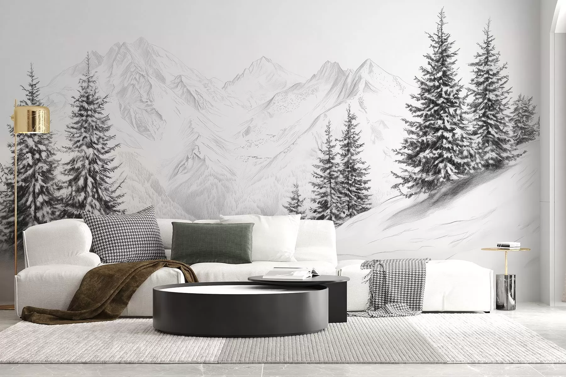fototapeter Sneklædte bjerge, blyantstegning, minimalisme, skov, natur w02351