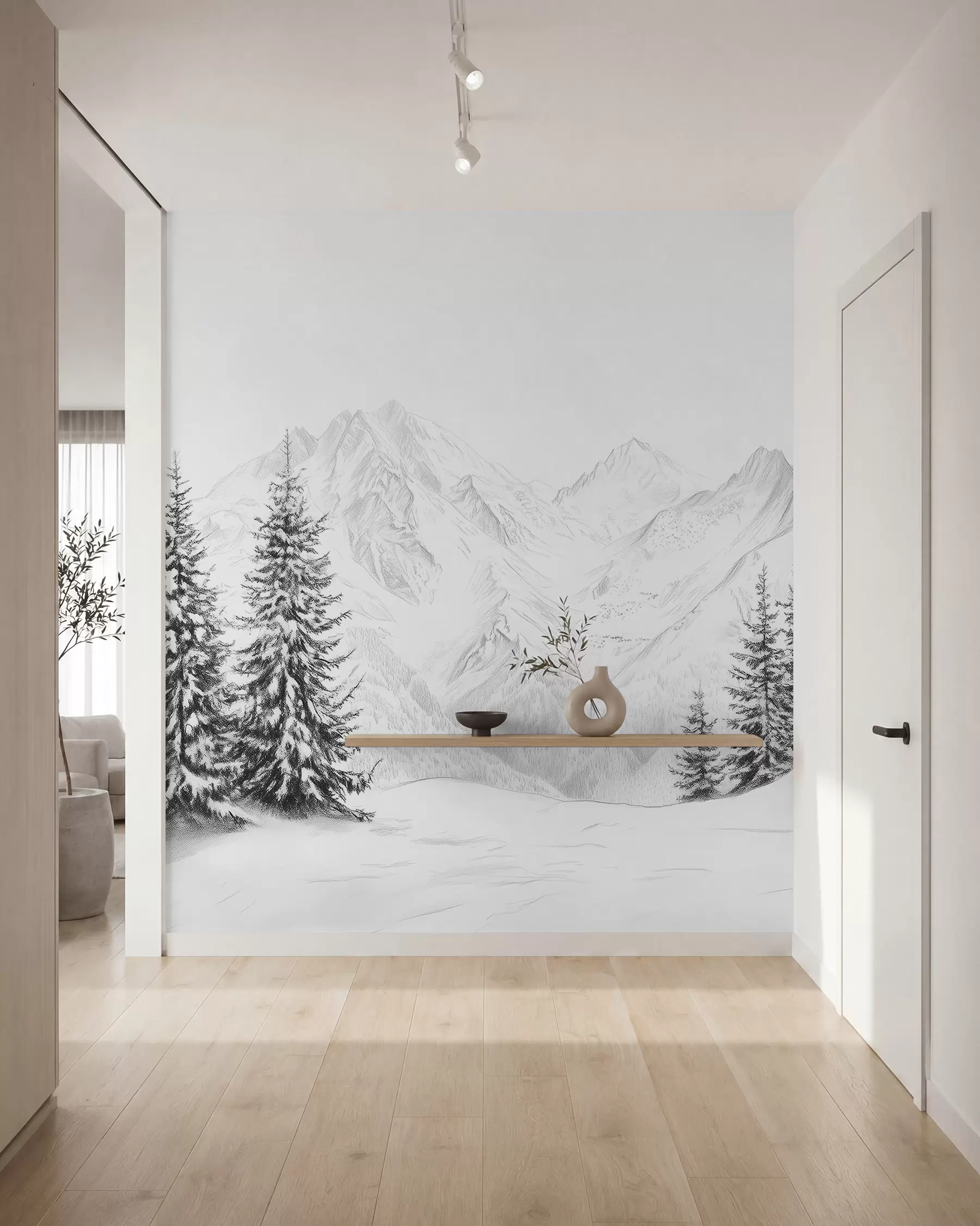 fototapeter Sneklædte bjerge, blyantstegning, minimalisme, skov, natur w02351
