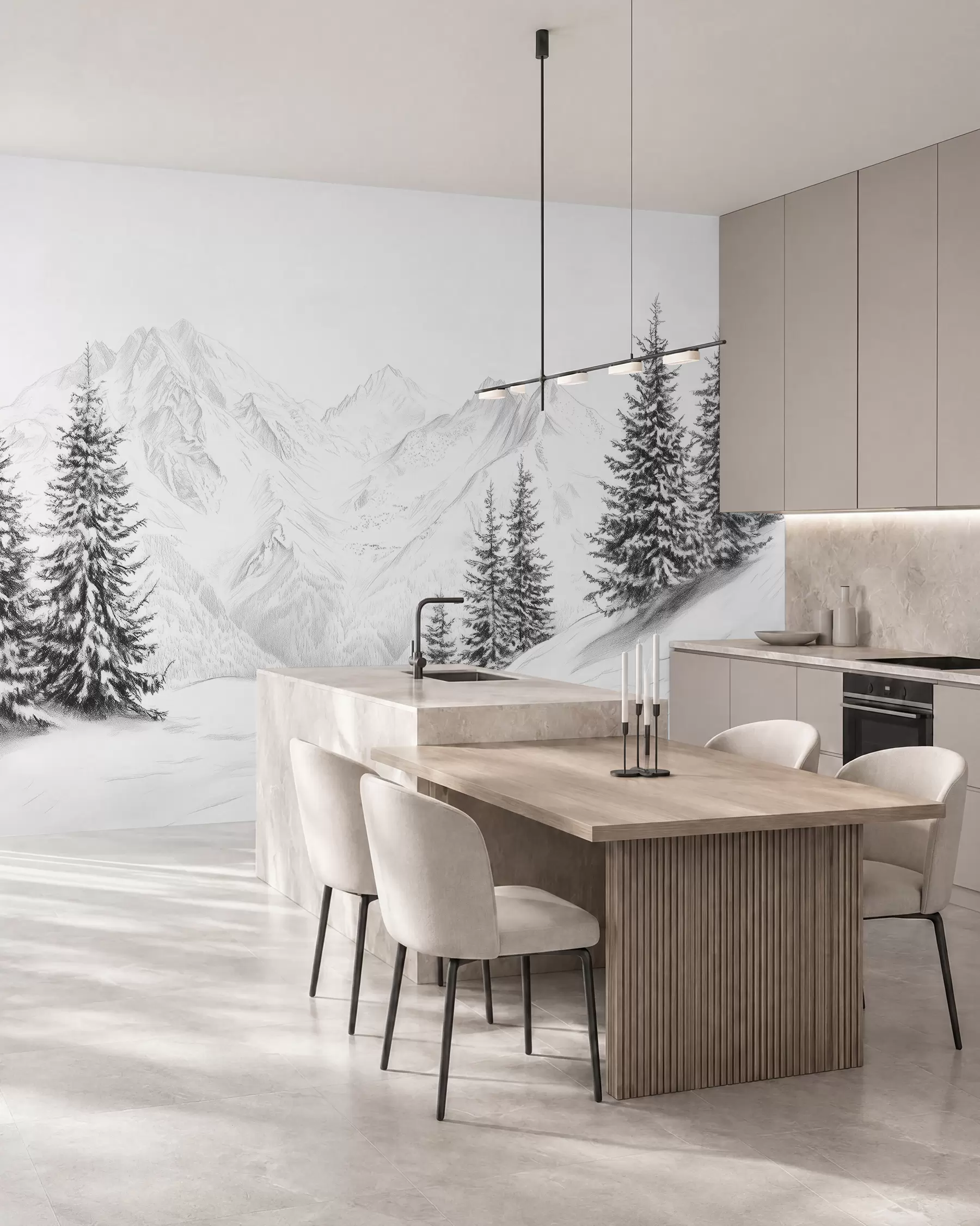 fototapeter Sneklædte bjerge, blyantstegning, minimalisme, skov, natur w02351