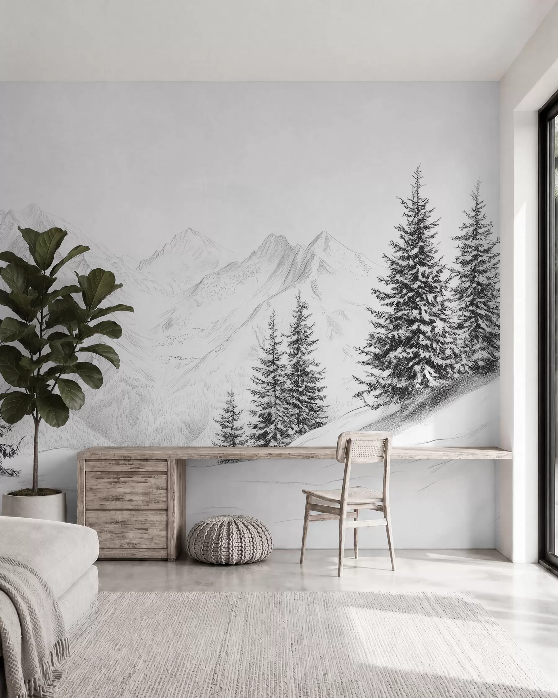 fototapeter Sneklædte bjerge, blyantstegning, minimalisme, skov, natur w02351