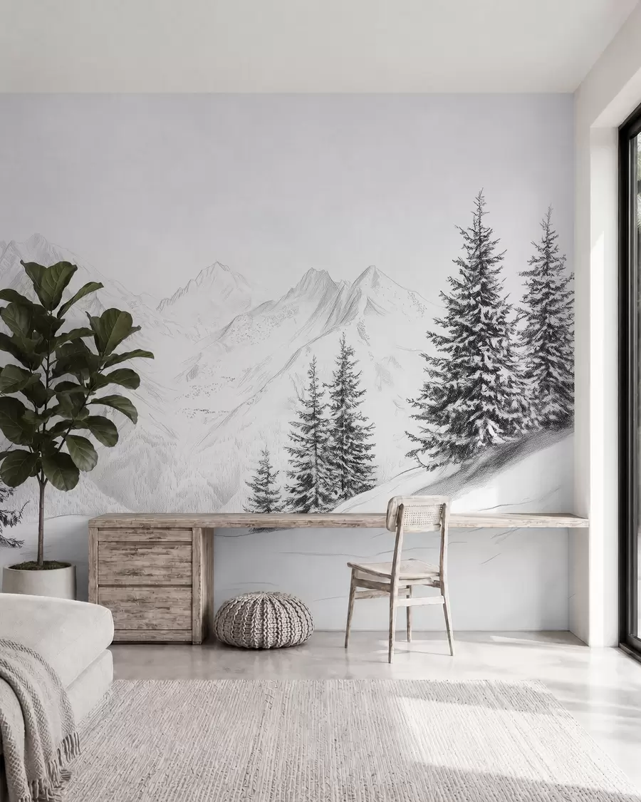 fototapeter Sneklædte bjerge, blyantstegning, minimalisme, skov, natur w02351