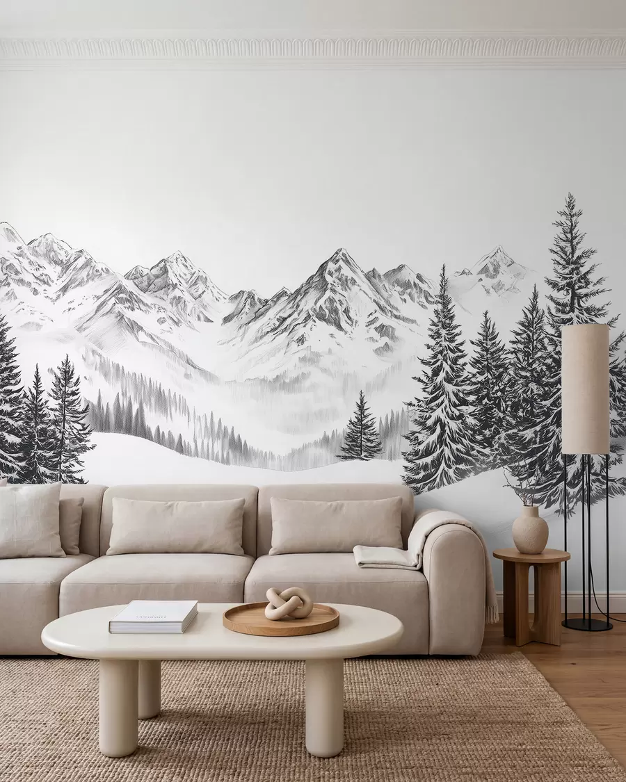 fototapeter Alpine bjerge i sneen, blyantstil, minimalisme w02352