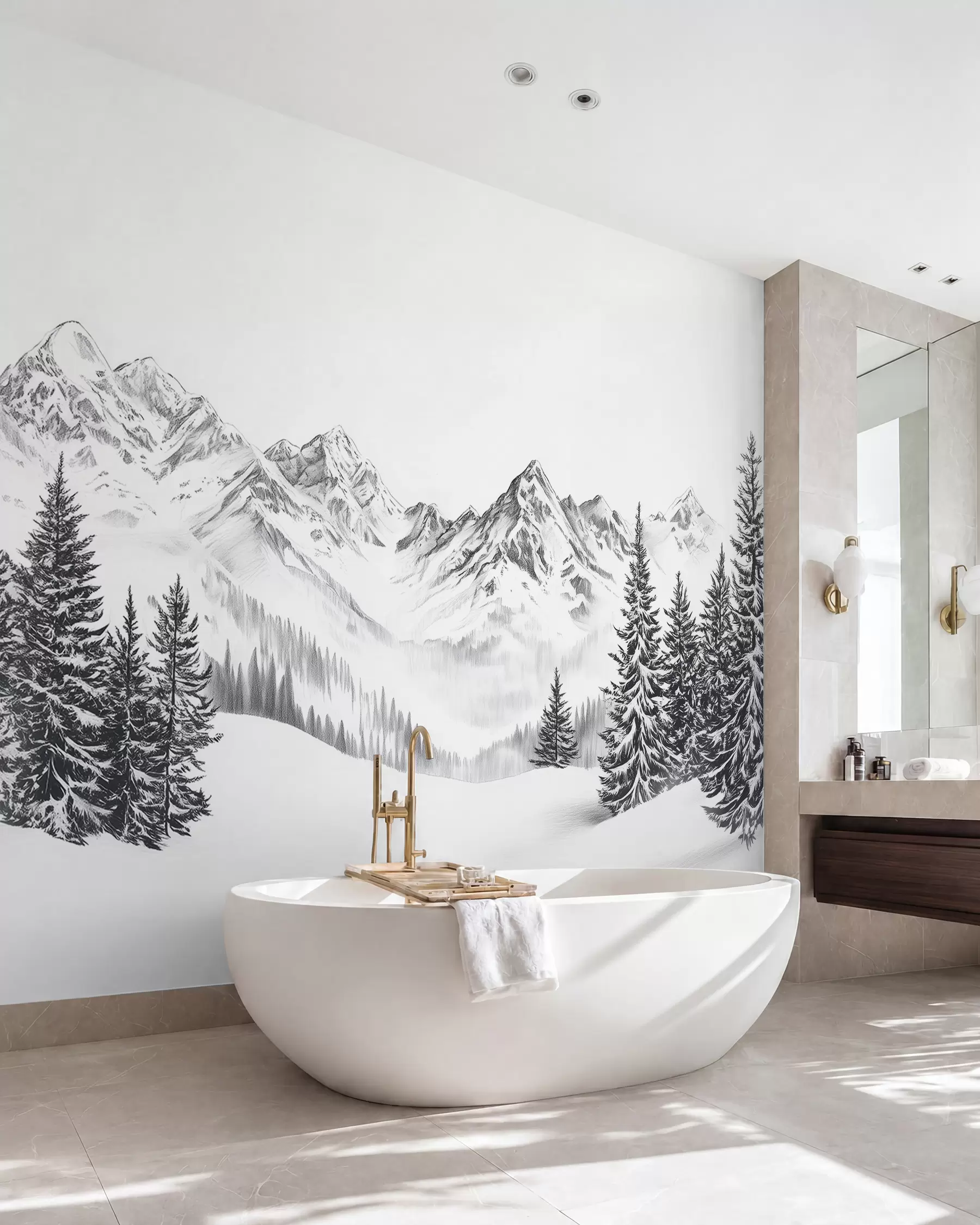 fototapeter Alpine bjerge i sneen, blyantstil, minimalisme w02352