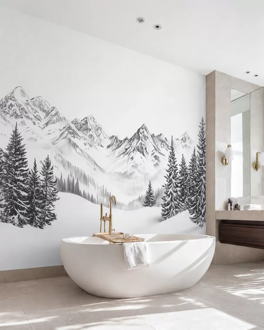 fototapeter Alpine bjerge i sneen, blyantstil, minimalisme w02352