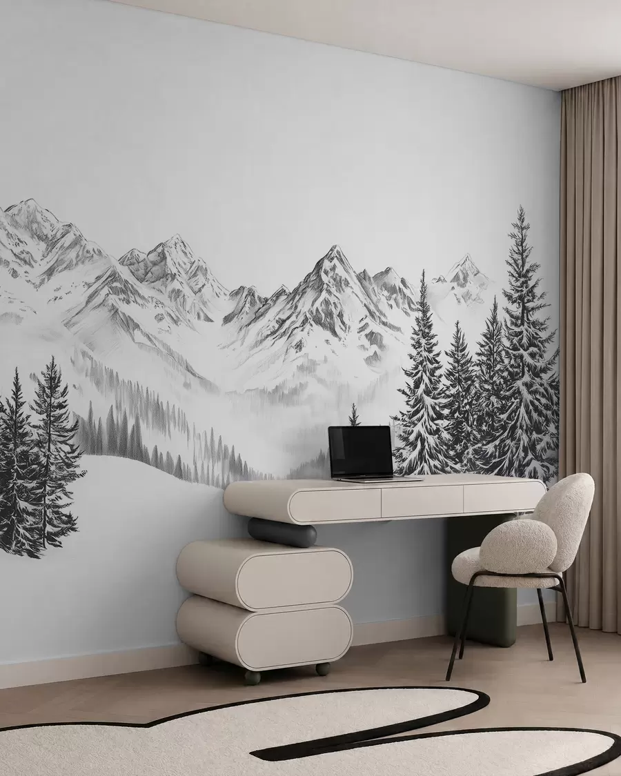 fototapeter Alpine bjerge i sneen, blyantstil, minimalisme w02352