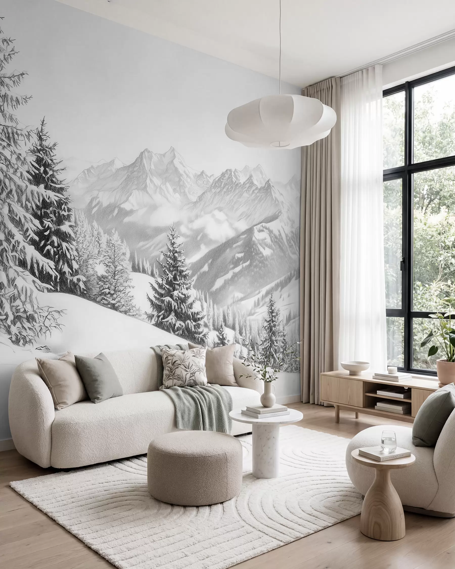 Murale Hiver en montagne, forêt, Alpes, dessin au crayon, paysages de nature w02353