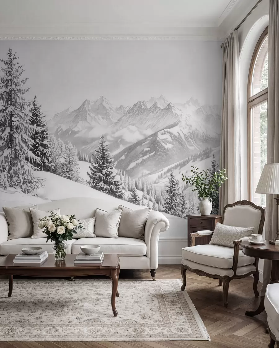 Murale Hiver en montagne, forêt, Alpes, dessin au crayon, paysages de nature w02353