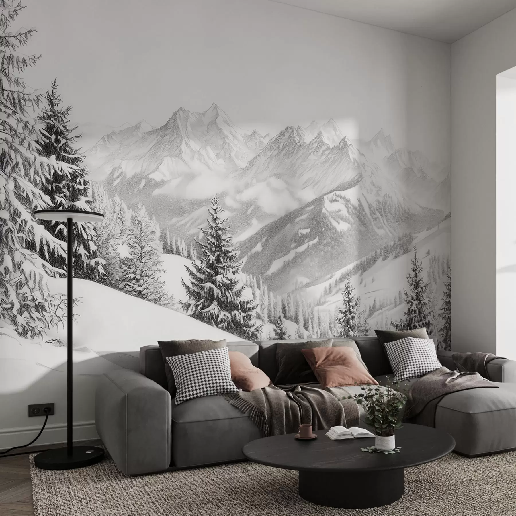 Murale Hiver en montagne, forêt, Alpes, dessin au crayon, paysages de nature w02353