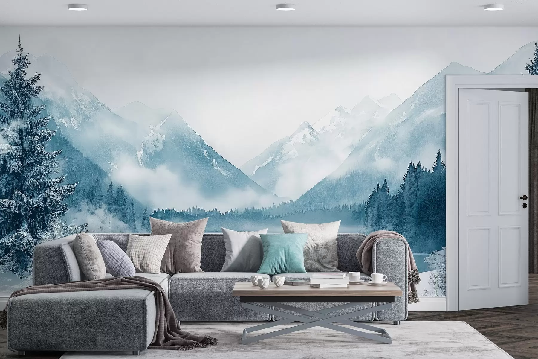 fototapeter Vinterbjerge, frossen sø, fyrreskov, blå farvepalet, akvarel-stil w02354