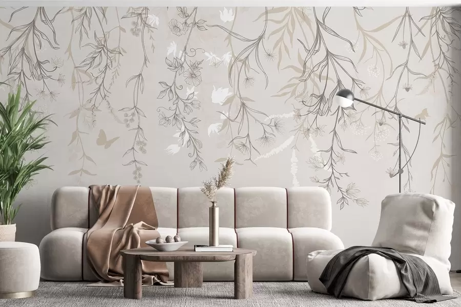 Fototapete Dünne, lineare Blumen hängen vom Berg herab w02007