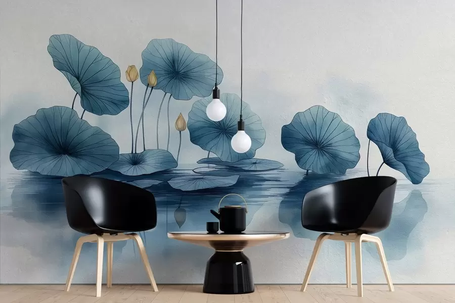 Fototapete Lotusblätter über Wasser an einer Betonwand w02011