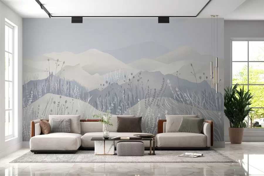 Fototapete Neblige Berge und Feldgräser und Blumen in Blautönen w02317v1