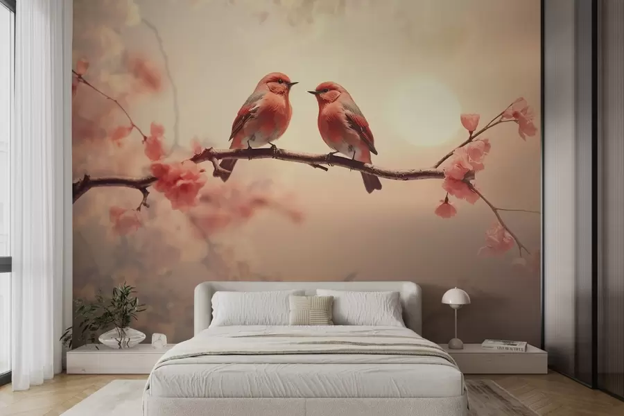 Murale Une scène sereine et romantique avec deux petits oiseaux assis sur une branche délicate décorée de fleurs roses pâles w02343