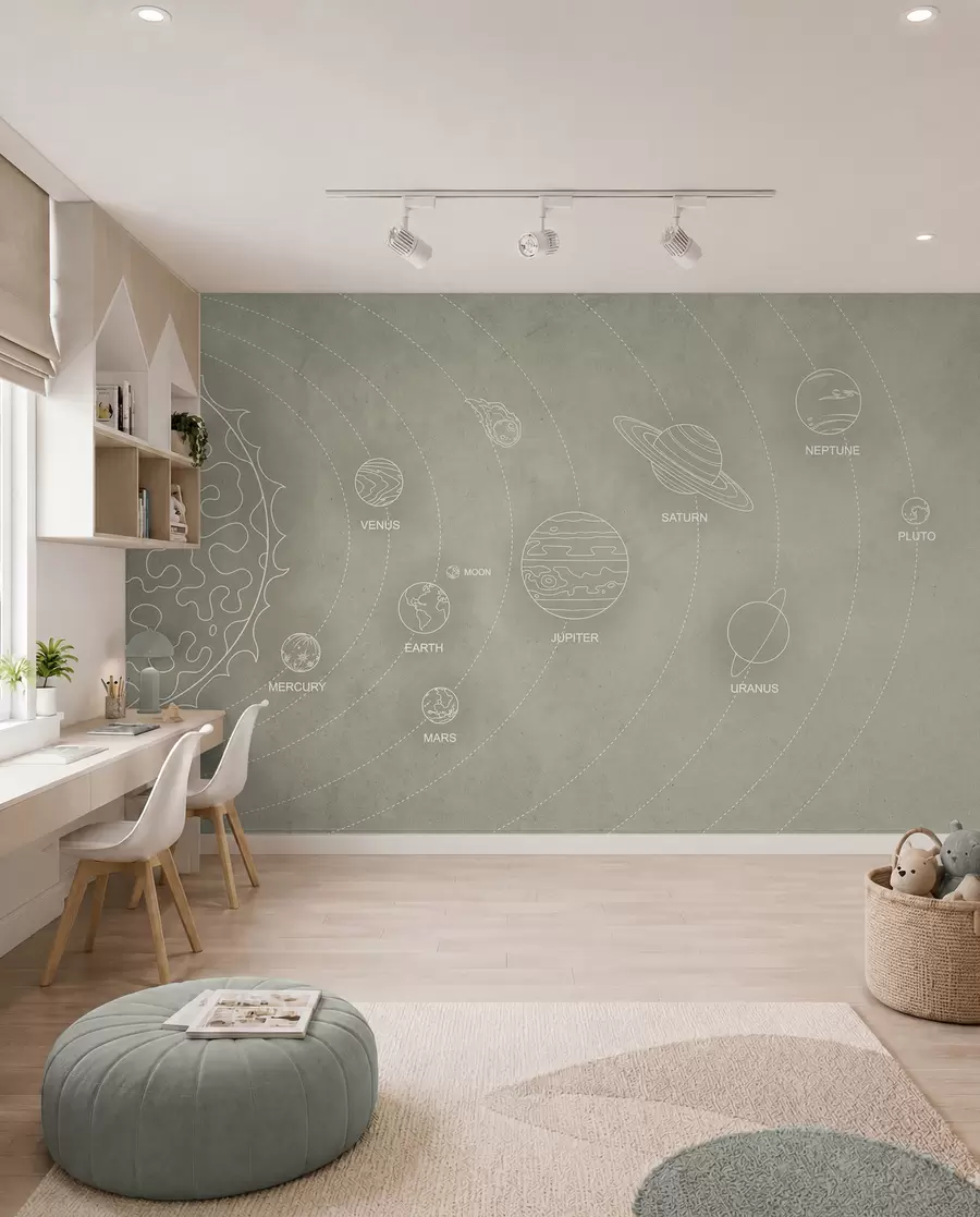 Murale Système solaire dans un style minimaliste sur un fond texturé beige cool w02344