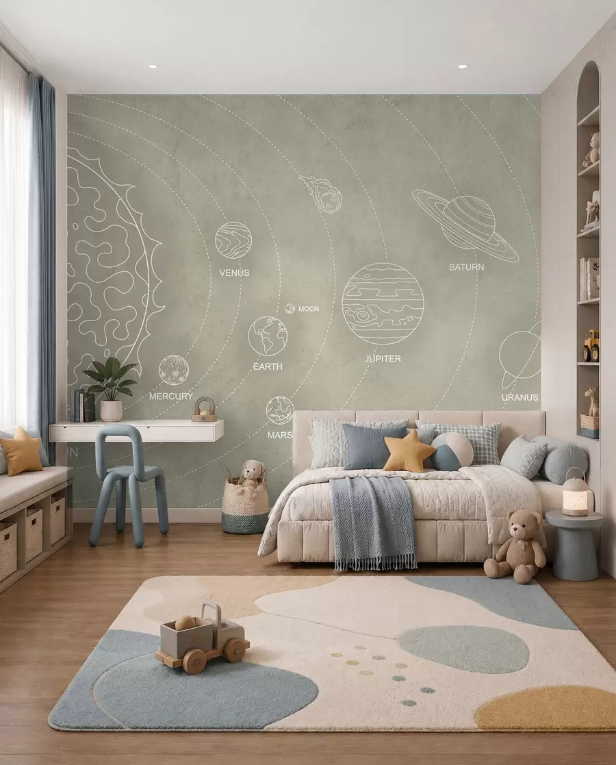 Murale Système solaire dans un style minimaliste sur un fond texturé beige cool w02344