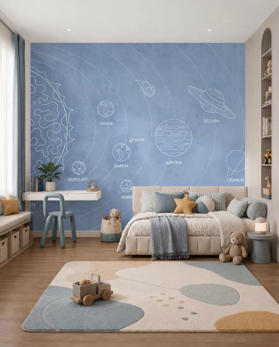 Murale Système solaire dans un style minimaliste sur un fond bleu texturé w02344v1