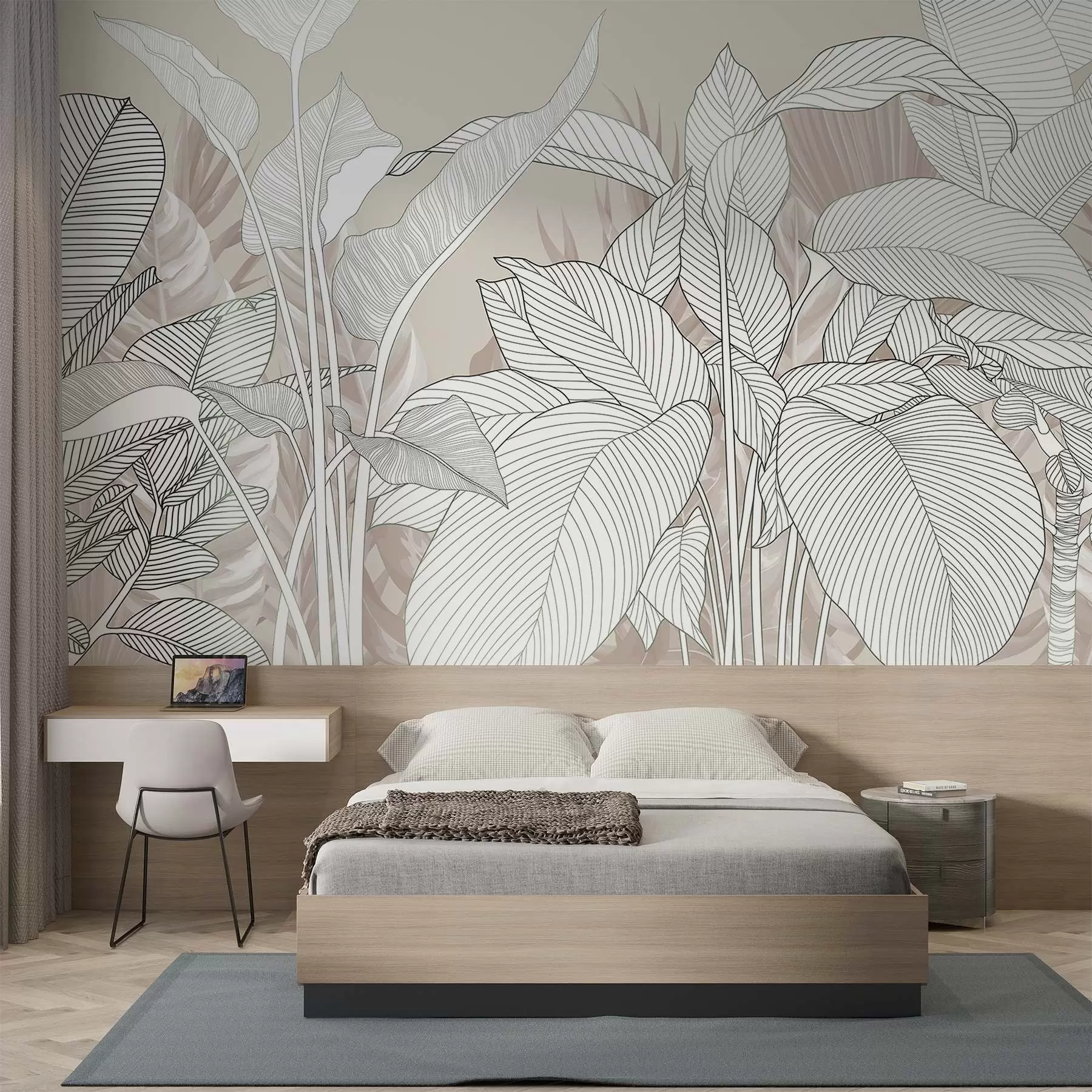 Fototapete Eine monochrome Illustration mit großen, stilisierten Blättern und Laub mit komplizierten Linienmustern und Texturen w08436v1