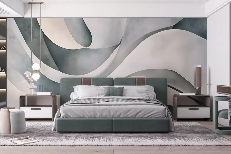 Fototapete Weiße, blaue und graue geschwungene Formen, die einen abstrakten, texturierten, modernen und minimalistischen Druck erzeugen w08439v1