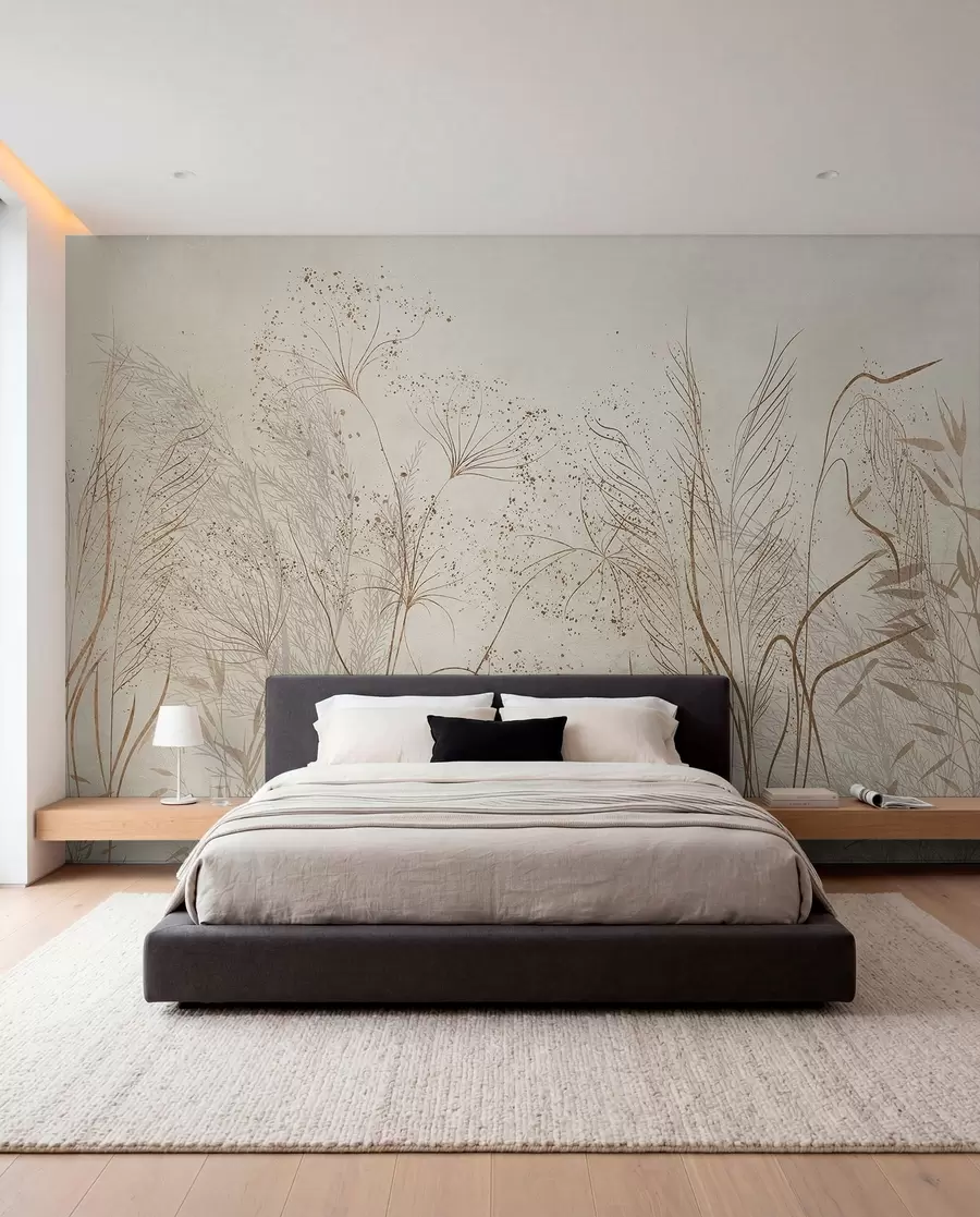 fototapeter En monokrom illustration af forskellige beige planter og pigge med sarte, spinkle linjer og teksturer  w08441
