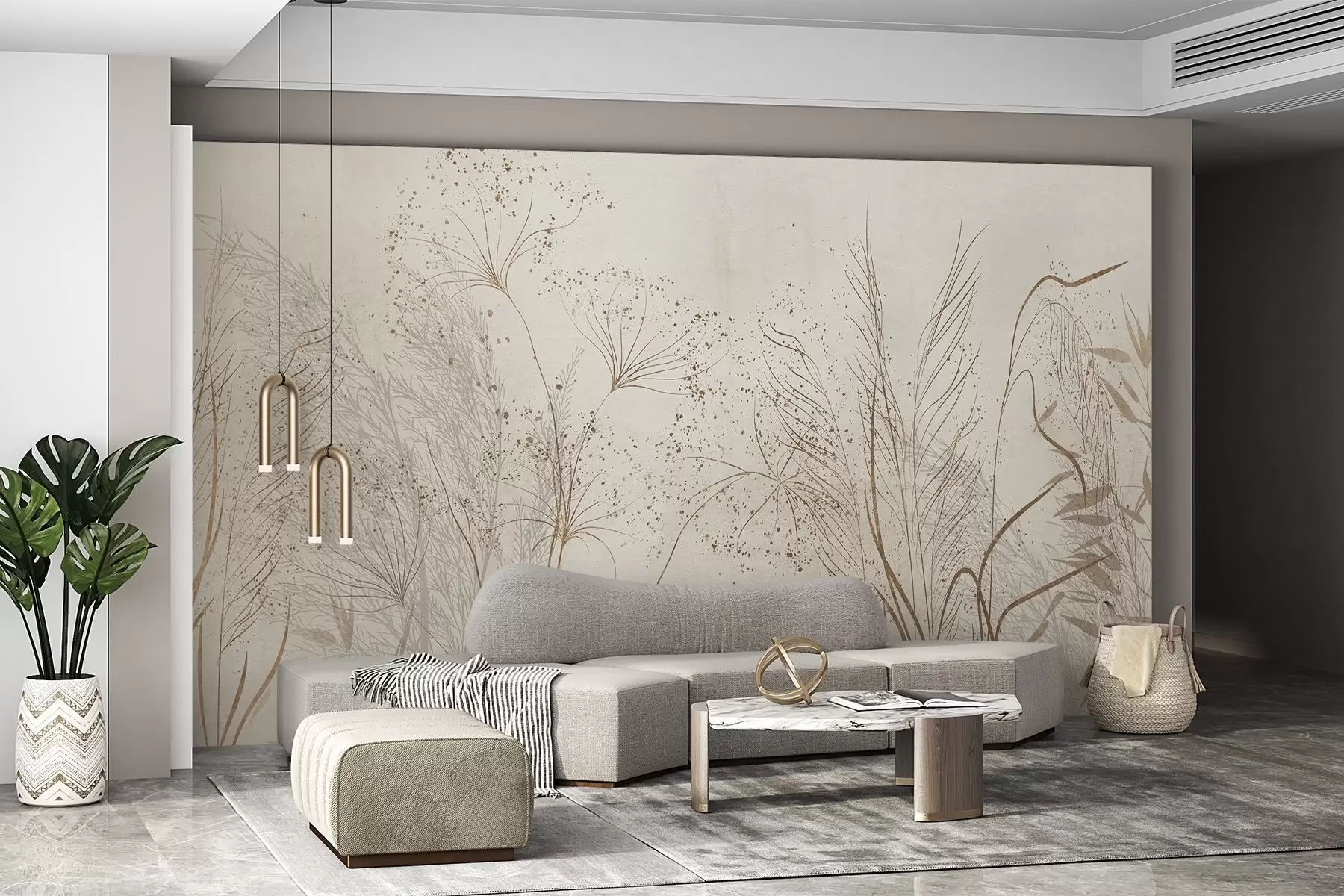 fototapeter En monokrom illustration af forskellige beige planter og pigge med sarte, spinkle linjer og teksturer  w08441
