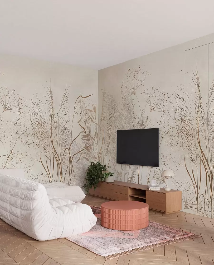 fototapeter En monokrom illustration af forskellige beige planter og pigge med sarte, spinkle linjer og teksturer  w08441