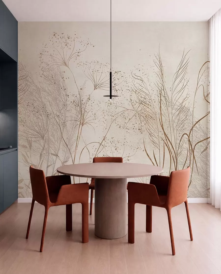 fototapeter En monokrom illustration af forskellige beige planter og pigge med sarte, spinkle linjer og teksturer  w08441