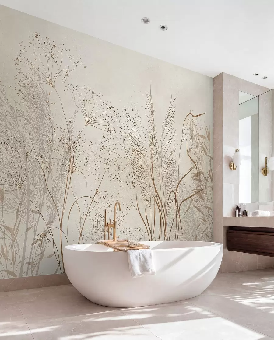 fototapeter En monokrom illustration af forskellige beige planter og pigge med sarte, spinkle linjer og teksturer  w08441