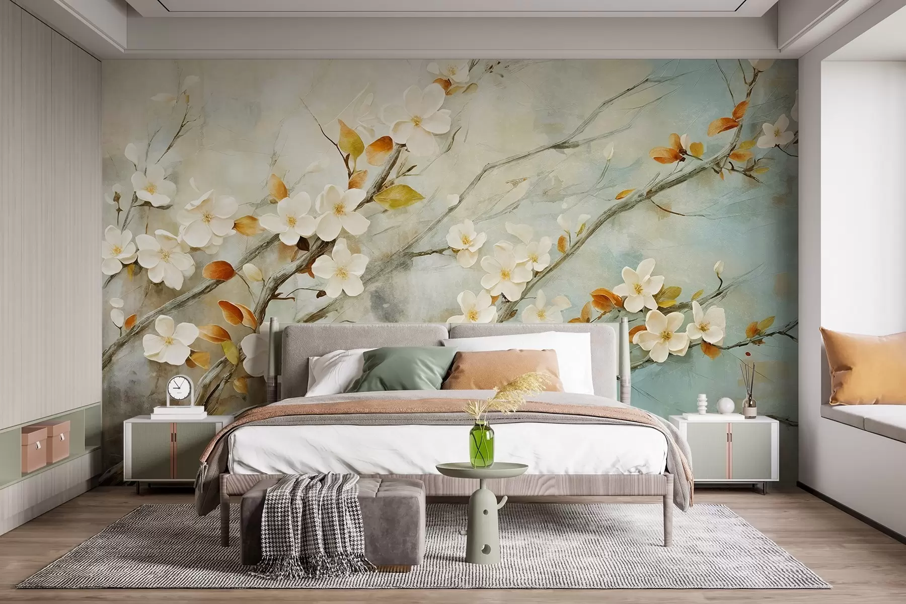 fototapeter Hvide kirsebærblomster på grene mod en blød blå og grøn baggrund i oliemaleristil w08444