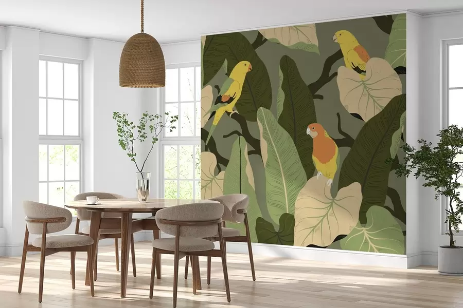 fototapeter tropiske blade med papegøjer w02402