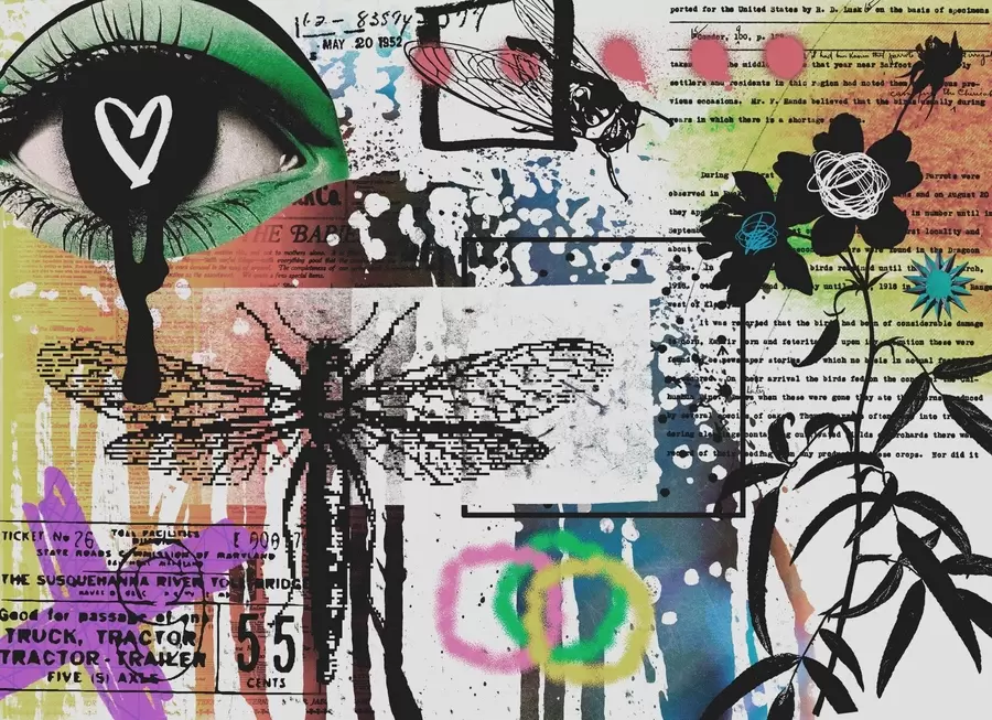 Fototapete Inschriften im Graffiti-Stil, Blumen, Figuren w02255