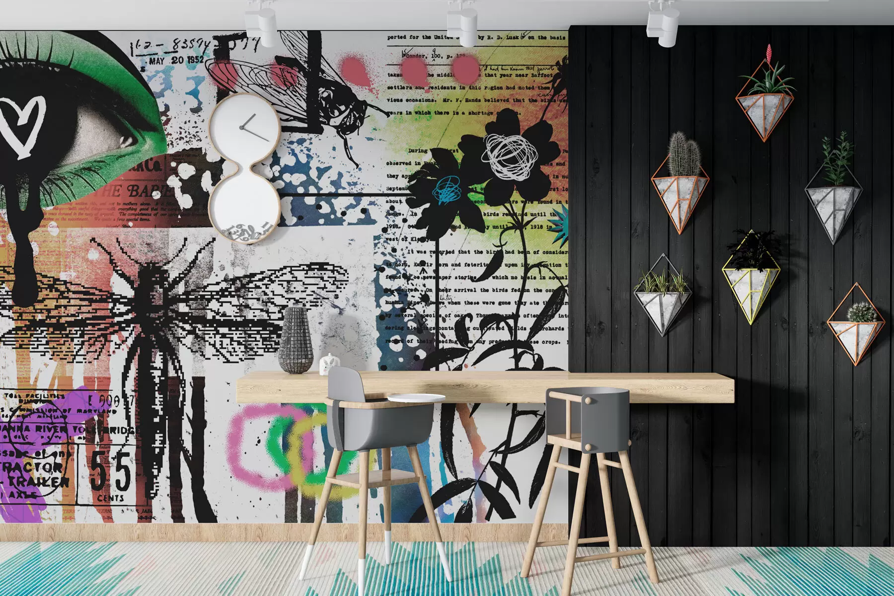 Fototapete Inschriften im Graffiti-Stil, Blumen, Figuren w02255