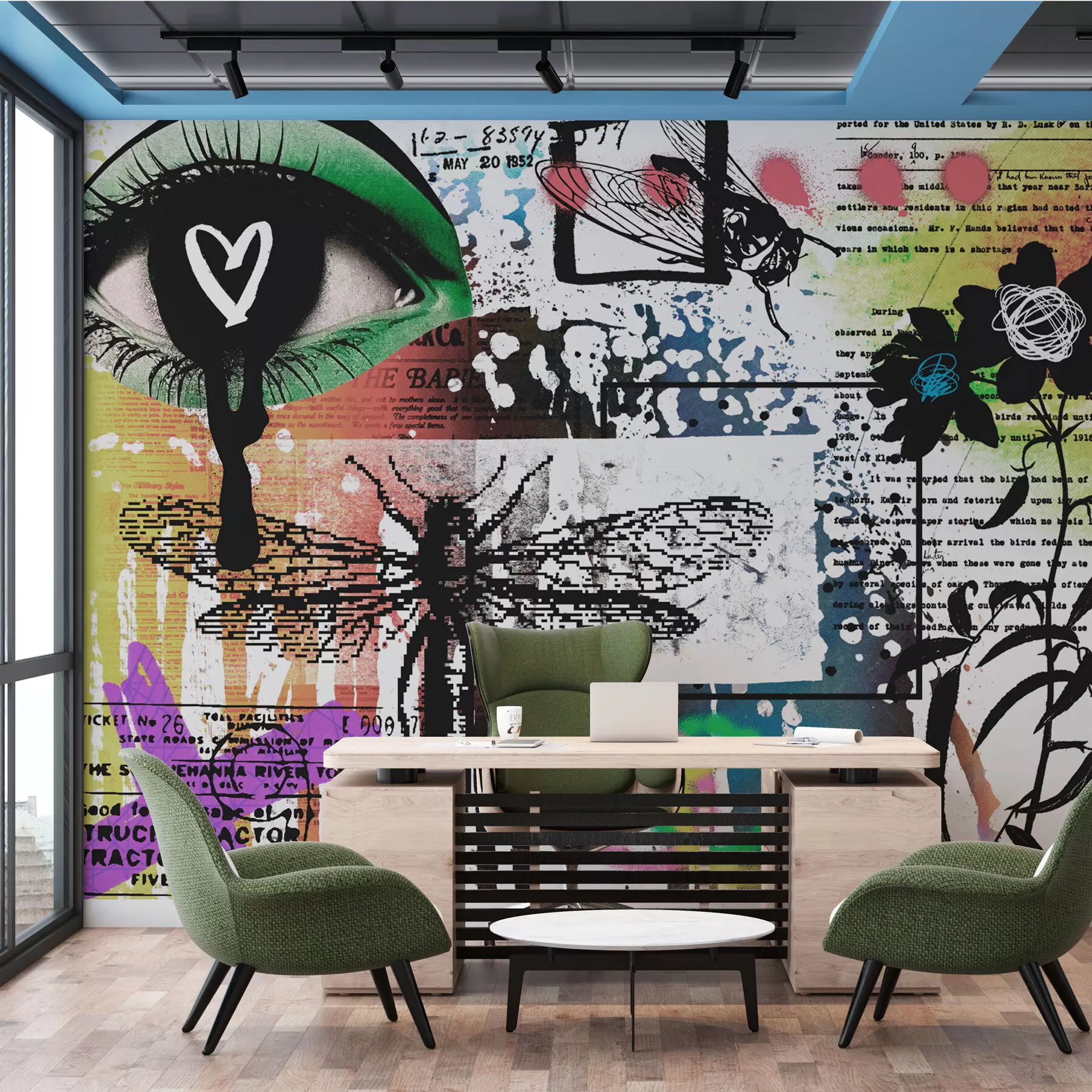 Fototapete Inschriften im Graffiti-Stil, Blumen, Figuren w02255