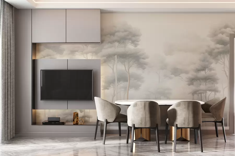 Fototapete Zart nebliger Wald mit losen Kronen w02448