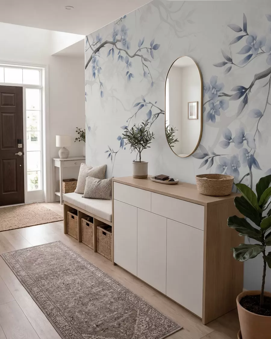 fototapeter Trendy grene med blomster og blade w02449