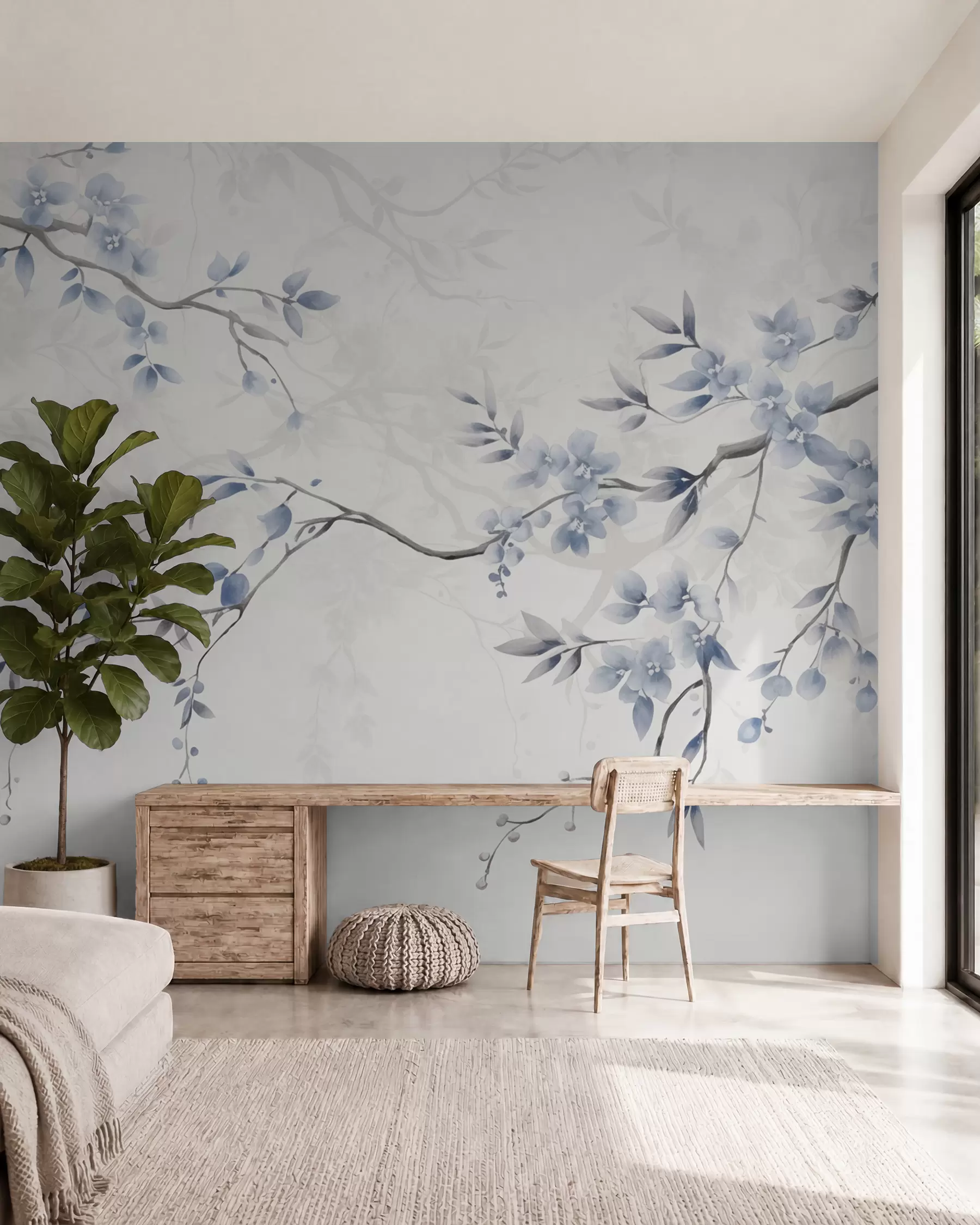fototapeter Trendy grene med blomster og blade w02449