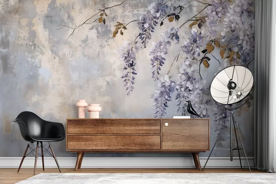 Fototapete strukturtapete in weichen, gedeckten Farben mit zarten Glyzinienblüten und -zweigen w02451