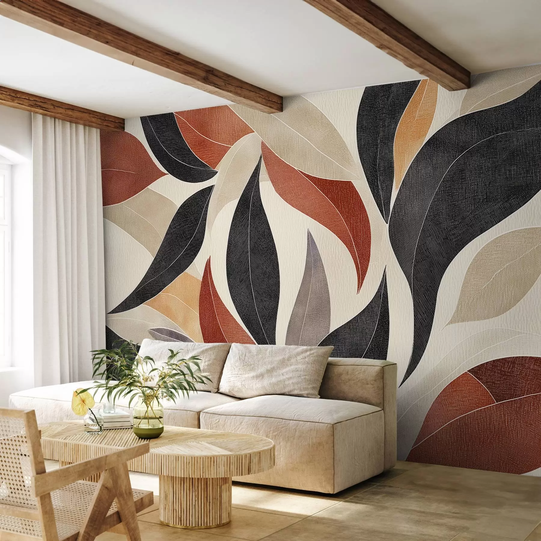 fototapeter abstrakte blade i en palet af jordfarver - beige, terracotta og mørkegrå. w02452