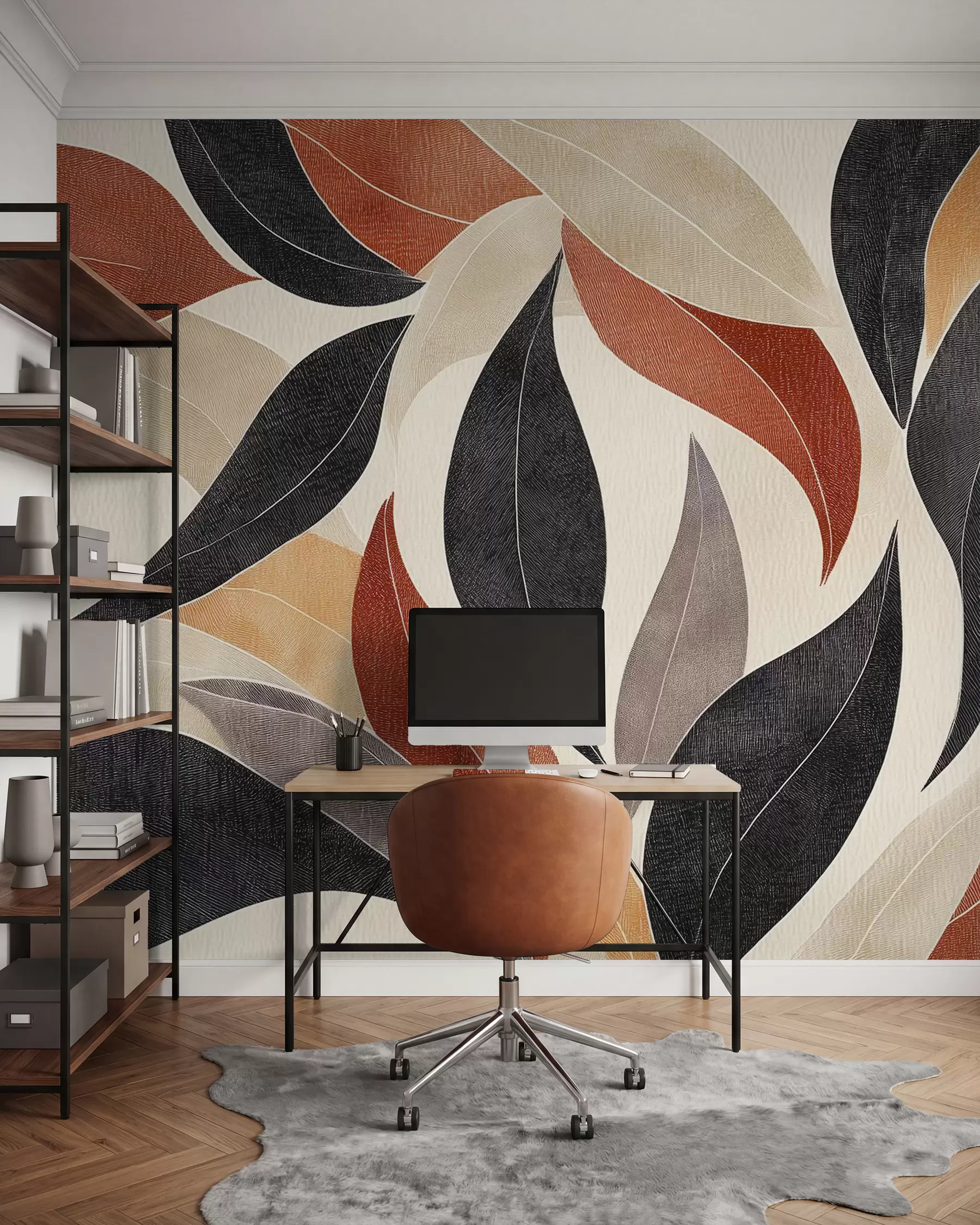 fototapeter abstrakte blade i en palet af jordfarver - beige, terracotta og mørkegrå w02452