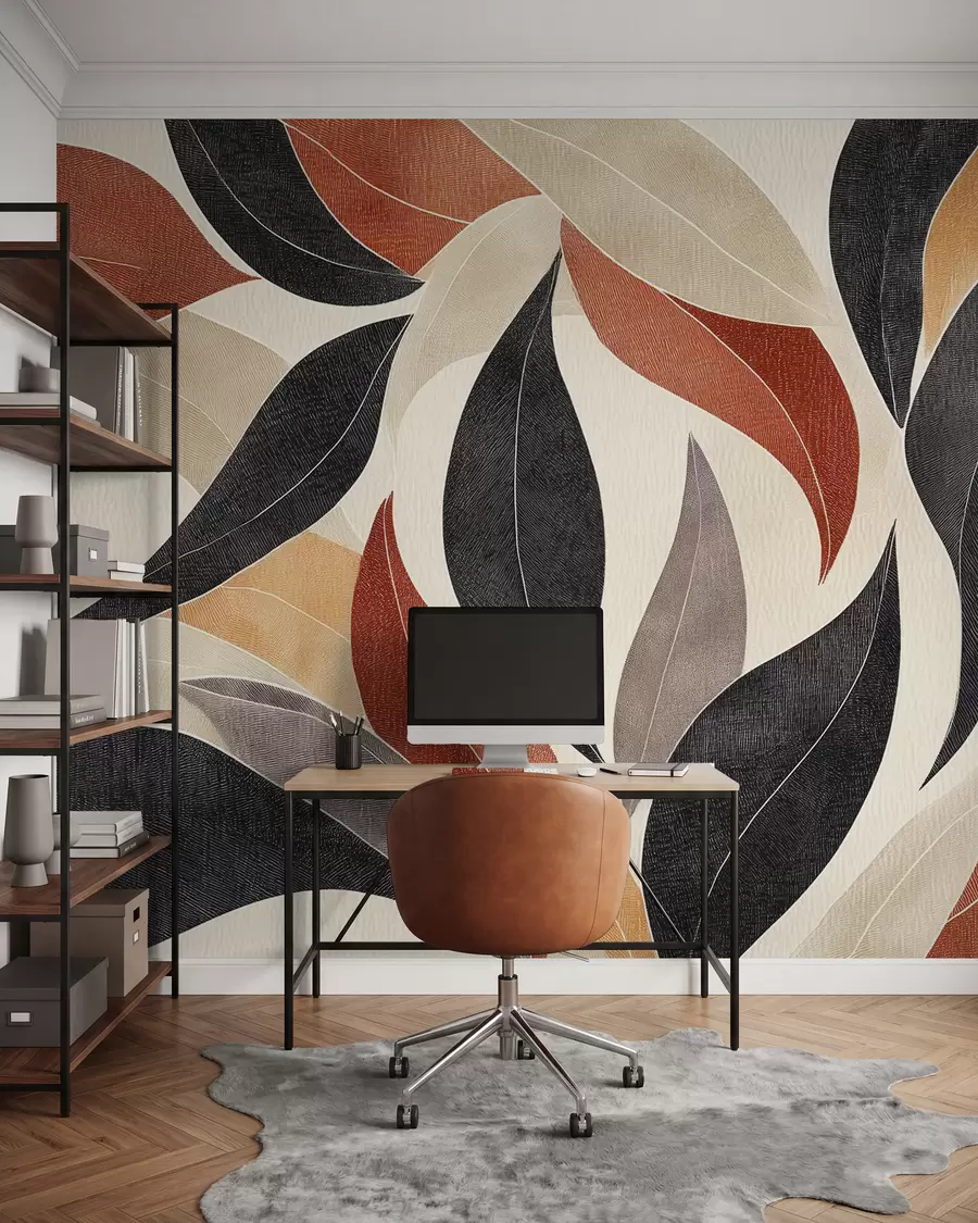 fototapeter abstrakte blade i en palet af jordfarver - beige, terracotta og mørkegrå w02452