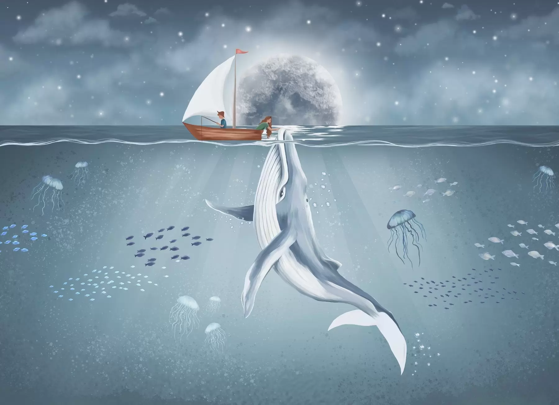 Murale Dessin d'enfant avec baleine, lune et bateau avec des enfants w02476